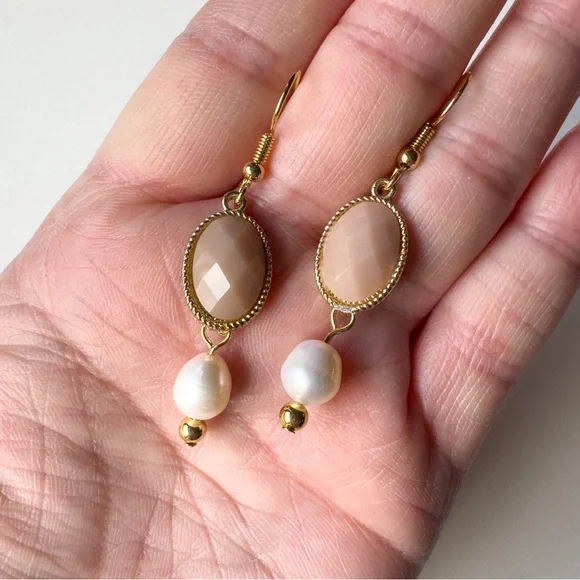 Blush Bead & Pearl Drop Earrings | Upcycled | Gold Stainless Steel Hooks - Picture 9 of 10